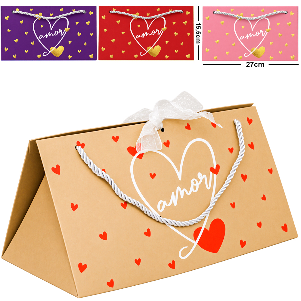 BOLSA SACOLA DE PAPEL PARA PRESENTE LUXO CORACOES COM TULE 27X15,5X14CM 