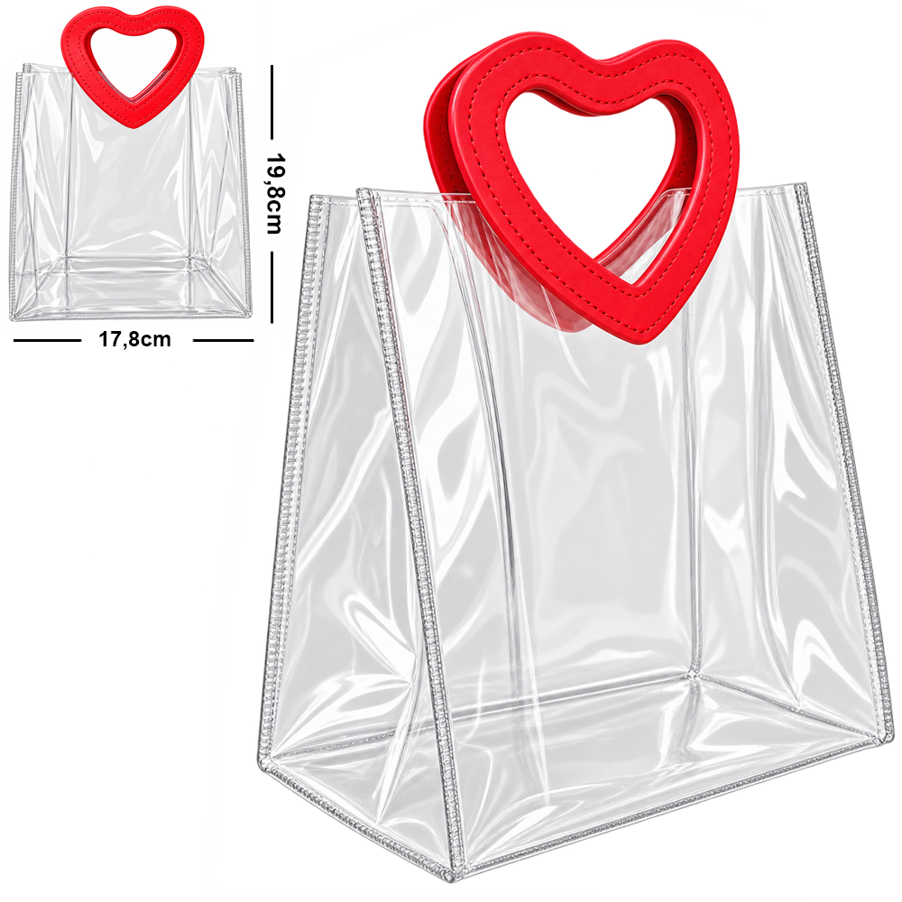 BOLSA SACOLA DE PVC PARA PRESENTE TRANSPARENTE COM ALCA CORACAO VERSY M 19,8X17,8X10CM