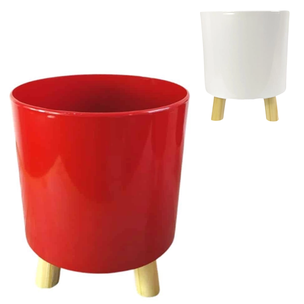 CACHEPOT DE PLASTICO REDONDO COM PE DE MADEIRA 19,5X16CM DE Ø