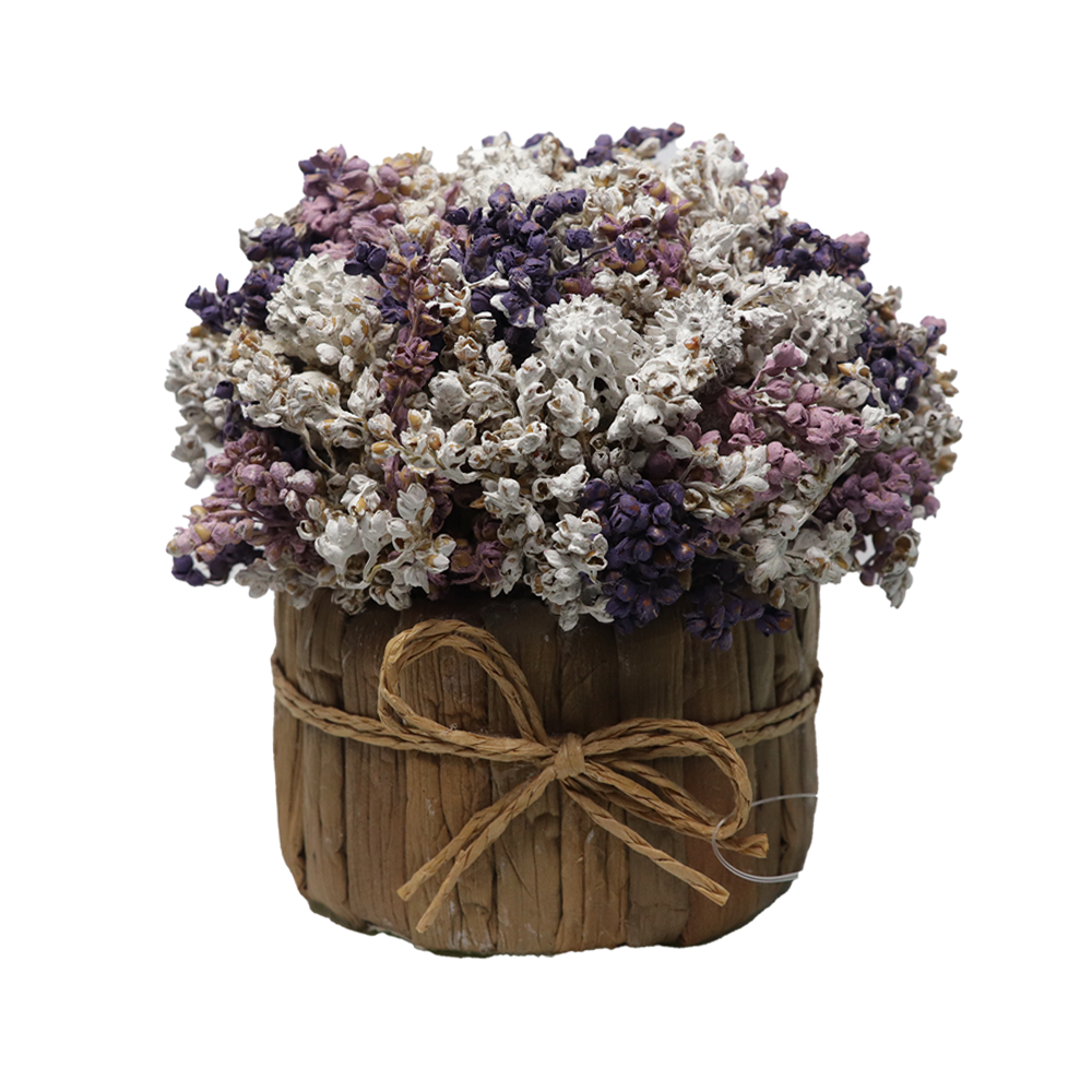 ENFEITE ARRANJO DECORATIVO DE FLORES SECAS RUSTICA COM VASO E LACO 12X12CM DE Ø