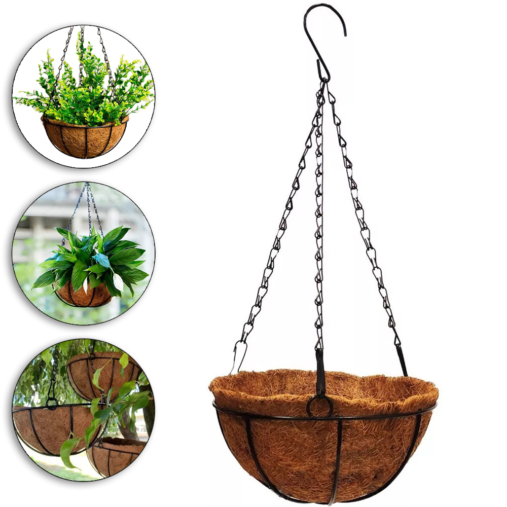 CESTO SUSPENSO / VASO DE FIBRAS NATURAIS COM SUPORTE ARAMADO E CORRENTE 13X30CM DE Ø