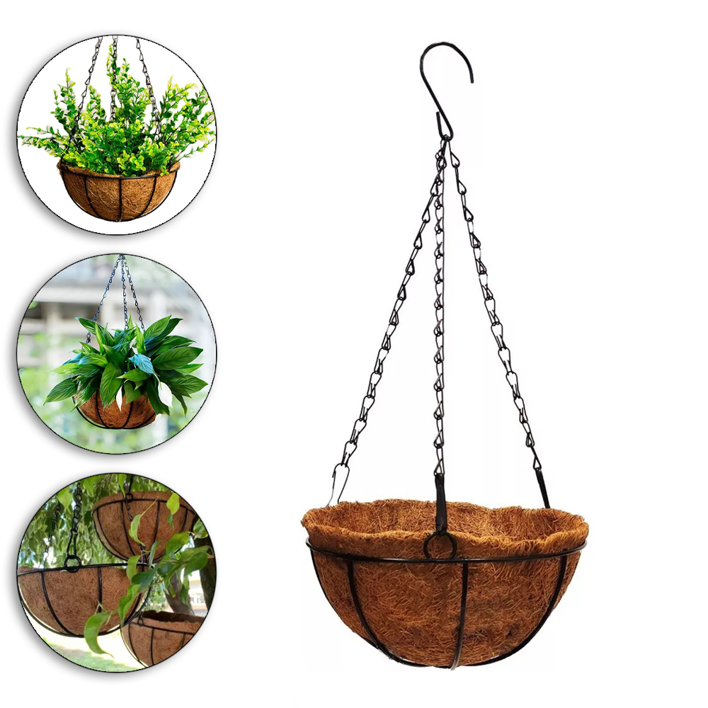 CESTO SUSPENSO / VASO DE FIBRAS NATURAIS COM SUPORTE ARAMADO E CORRENTE 13X25CM DE Ø