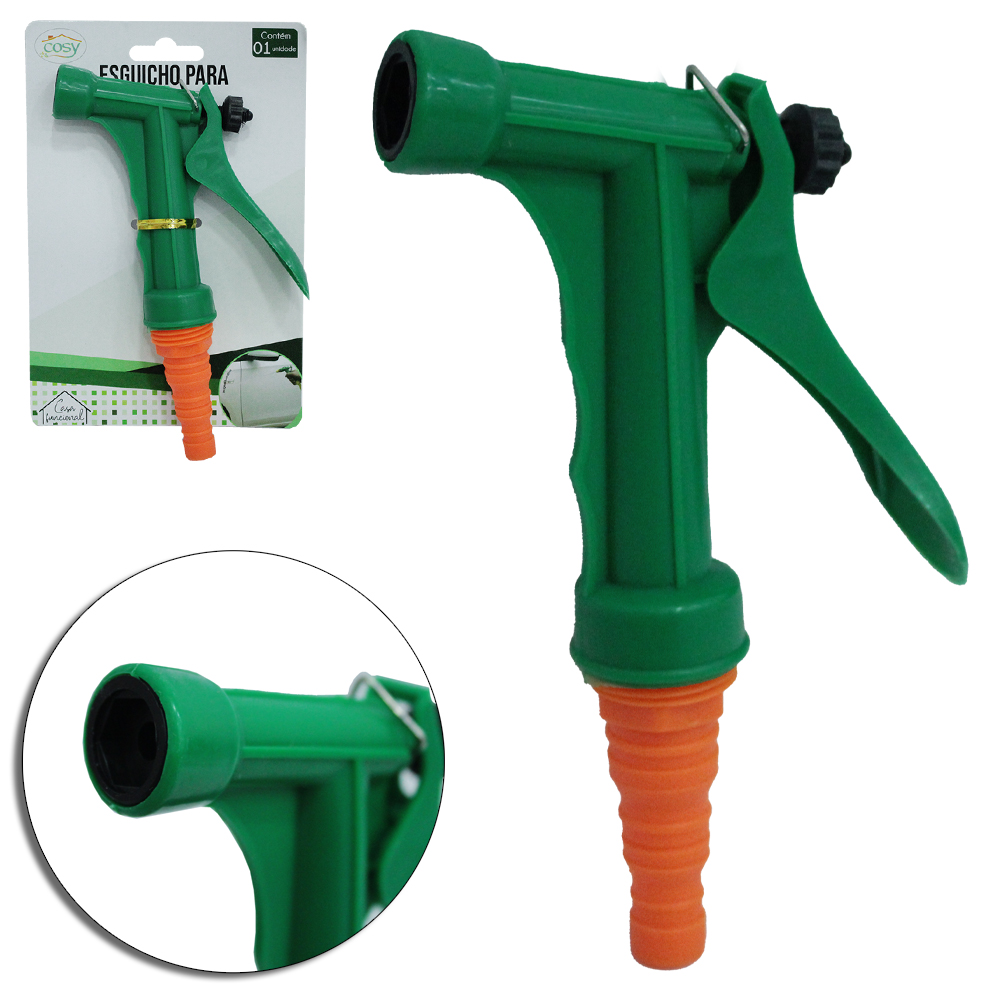 ESGUICHO PARA MANGUEIRA PISTOLA COM CONECTOR LONGO + TRAVA VERDE 17X8CM