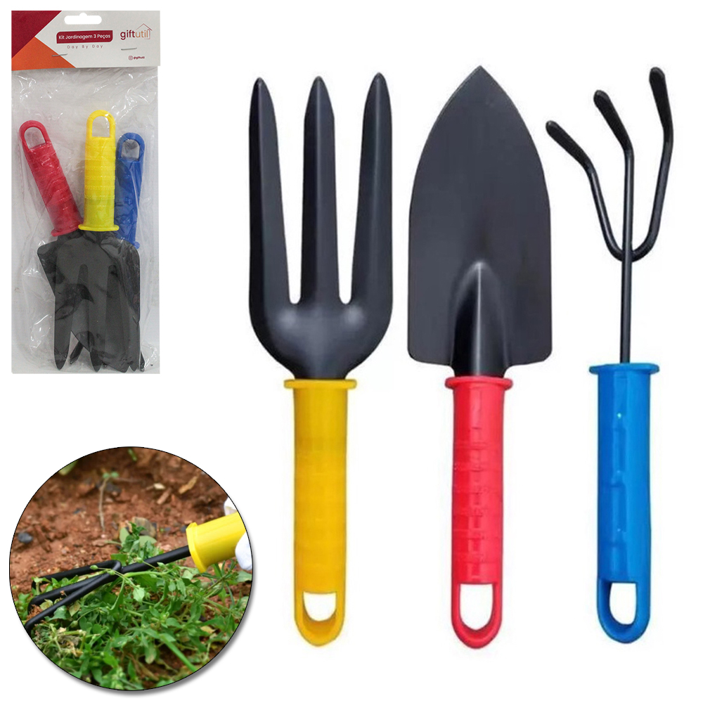 KIT PARA JARDIM COM PA + GARFO E ANCINHO / RASTELO CABO PLASTICO 3 PECAS