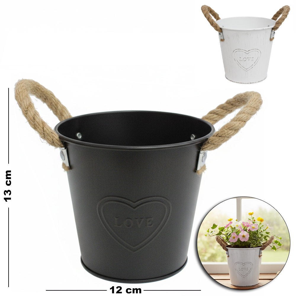 ENFEITE VASO DECORATIVO REDONDO DE METAL COM ALCA DE CORDA 13X12X9,5CM