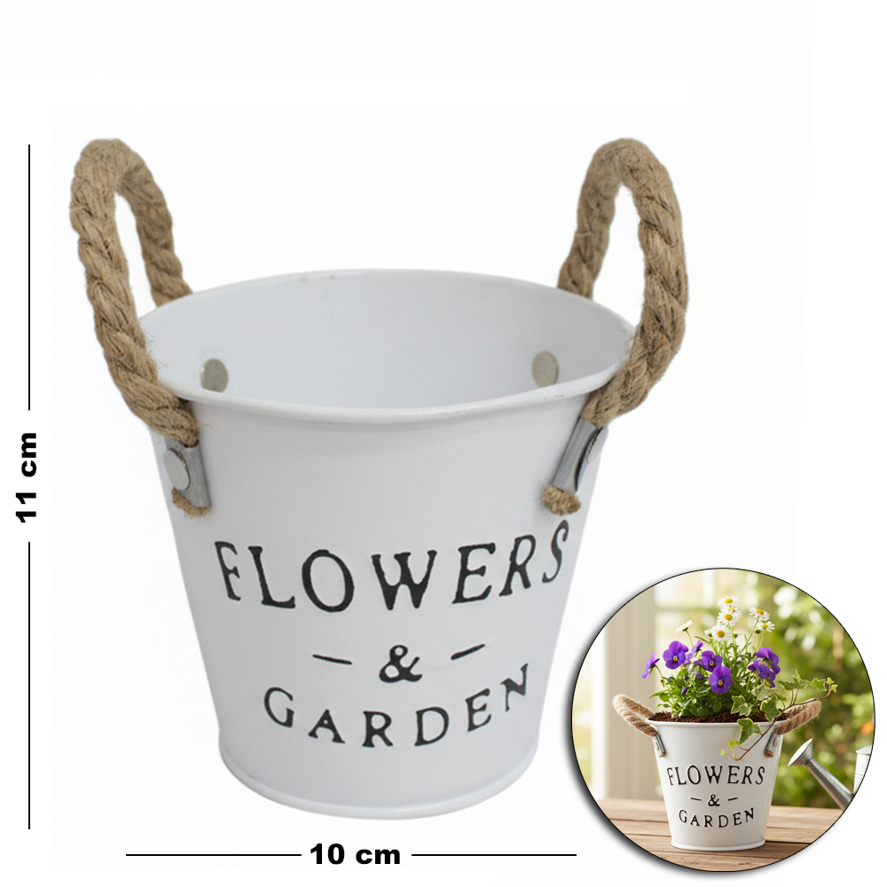 ENFEITE VASO DECORATIVO REDONDO DE METAL COM ALCA DE CORDA 11X10X7,5CM