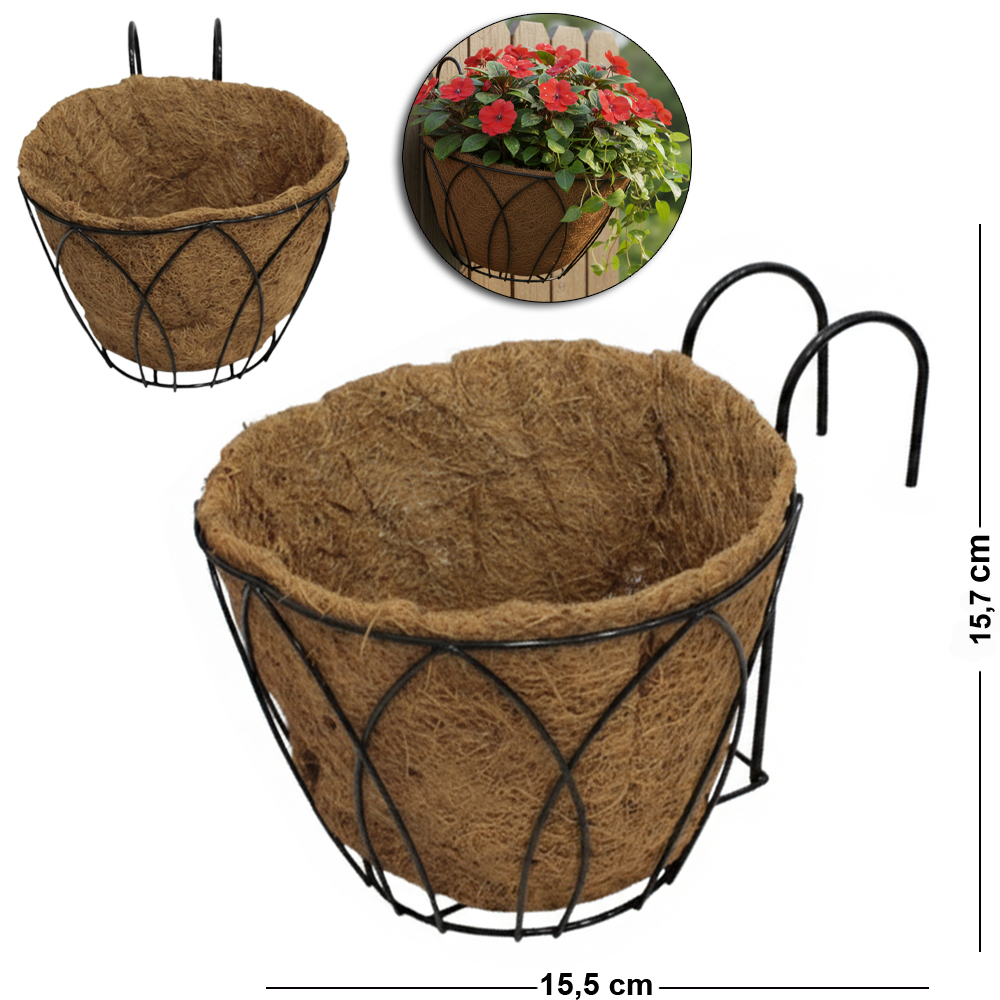 CESTO SUSPENSO / VASO DE FIBRAS NATURAIS COM GANCHO E SUPORTE ARAMADO 15,7X15,5X10CM
