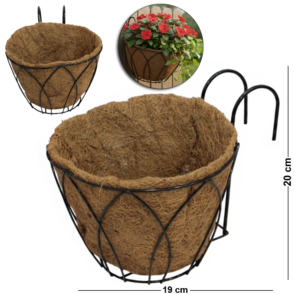 CESTO SUSPENSO / VASO DE FIBRAS NATURAIS COM GANCHO E SUPORTE ARAMADO 20X19X10CM