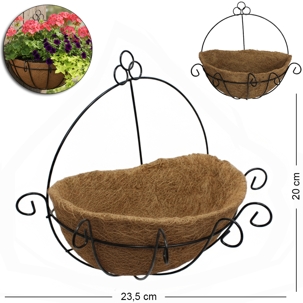 CESTO SUSPENSO / VASO DE FIBRAS NATURAIS COM GANCHO E SUPORTE ARAMADO DE PAREDE 23,5X20X13CM