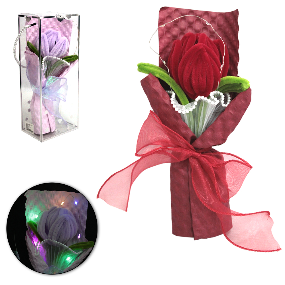 FLOR ARTIFICIAL BUQUE DE ROSA COM MICRO LED A BATERIA NA CAIXA PVC 25X10X7CM