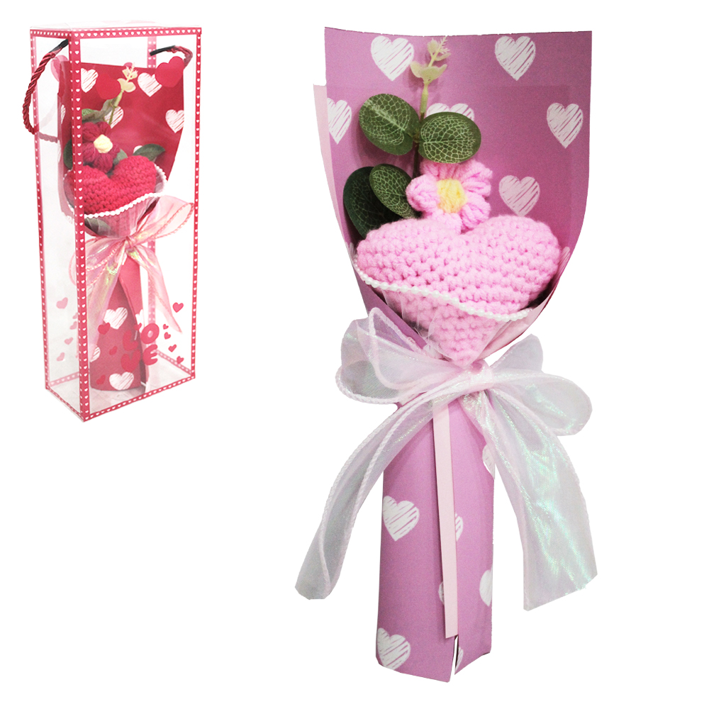 FLOR ARTIFICIAL BUQUE DE CROCHE CORACAO COM CAIXA PVC LOVE 29X11X6CM