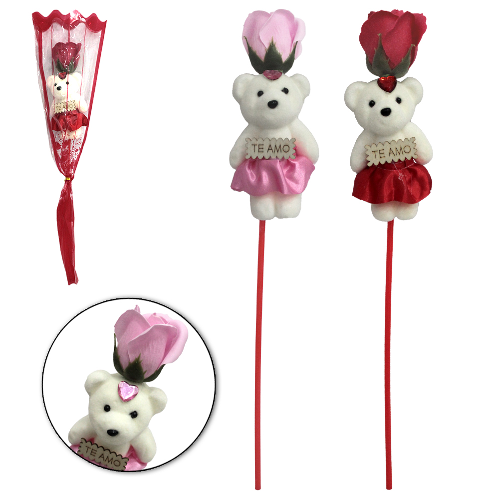 FLOR ARTIFICIAL / BOTAO DE ROSA COM URSO 46CM