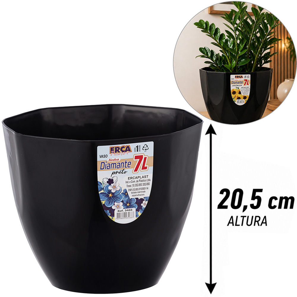 VASO OITAVADO DIAMANTE PRETO 7L 20,5X25CM DE PLASTICO