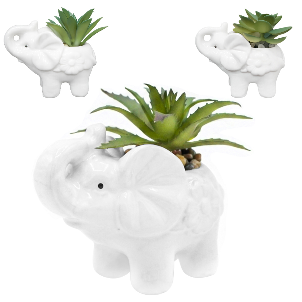 FLOR ARTIFICIAL SUCULENTA COM VASO ELEFANTE DE PORCELANA 9X8,5X5,5CM