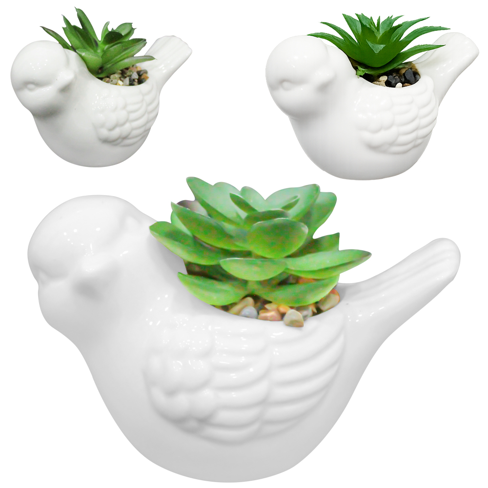 FLOR ARTIFICIAL SUCULENTA COM VASO PASSARO DE PORCELANA 11X8,5X6,5CM
