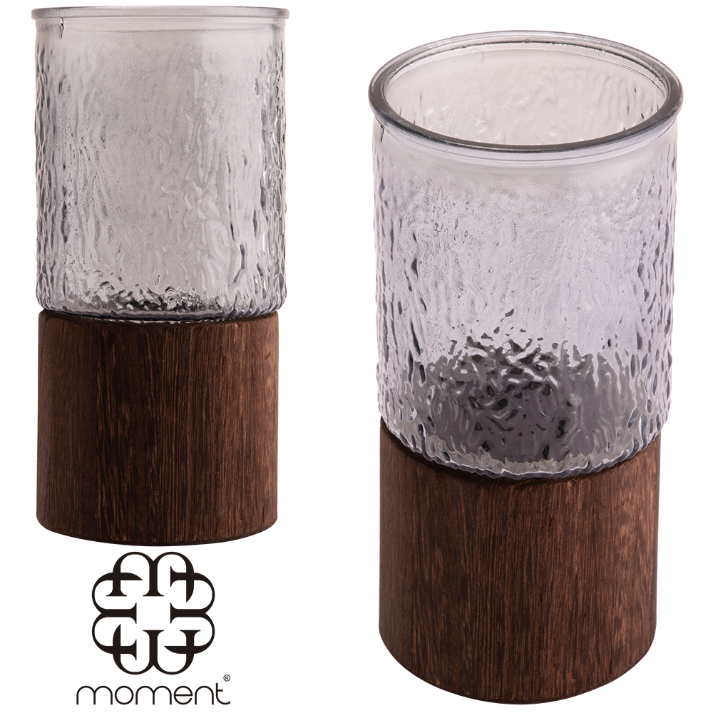 VASO DE VIDRO REDONDO CILINDRICO COM BASE DE MADEIRA 1,28L 25X10CM DE Ø