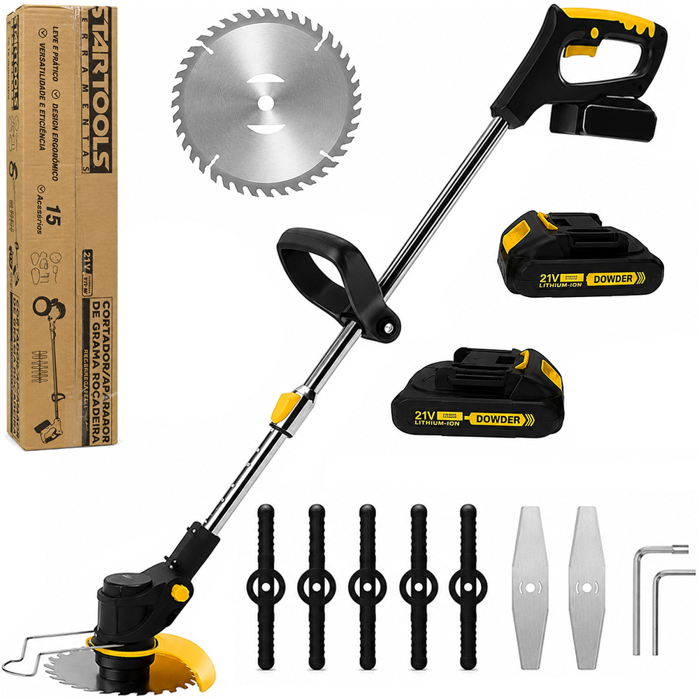CORTADOR / APARADOR DE GRAMA ROCADEIRA RECARREGAVEL 21V 210W BIVOLT COM CARREGADOR+2 BATERIAS E ACESSORIOS 15 PECAS 