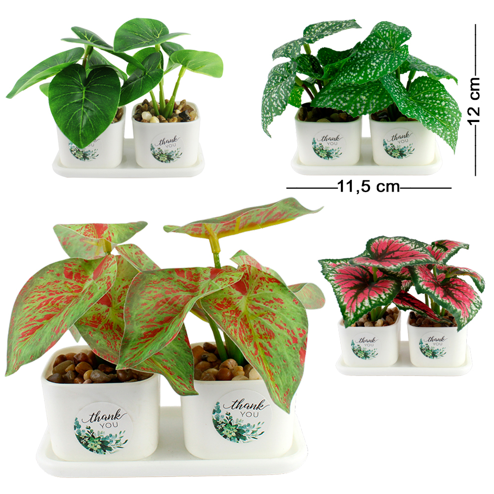 FLOR PERMANENTE FOLHAGEM DUPLA COM VASO E PRATO DE PLASTICO 12X11,5X6CM VCF
