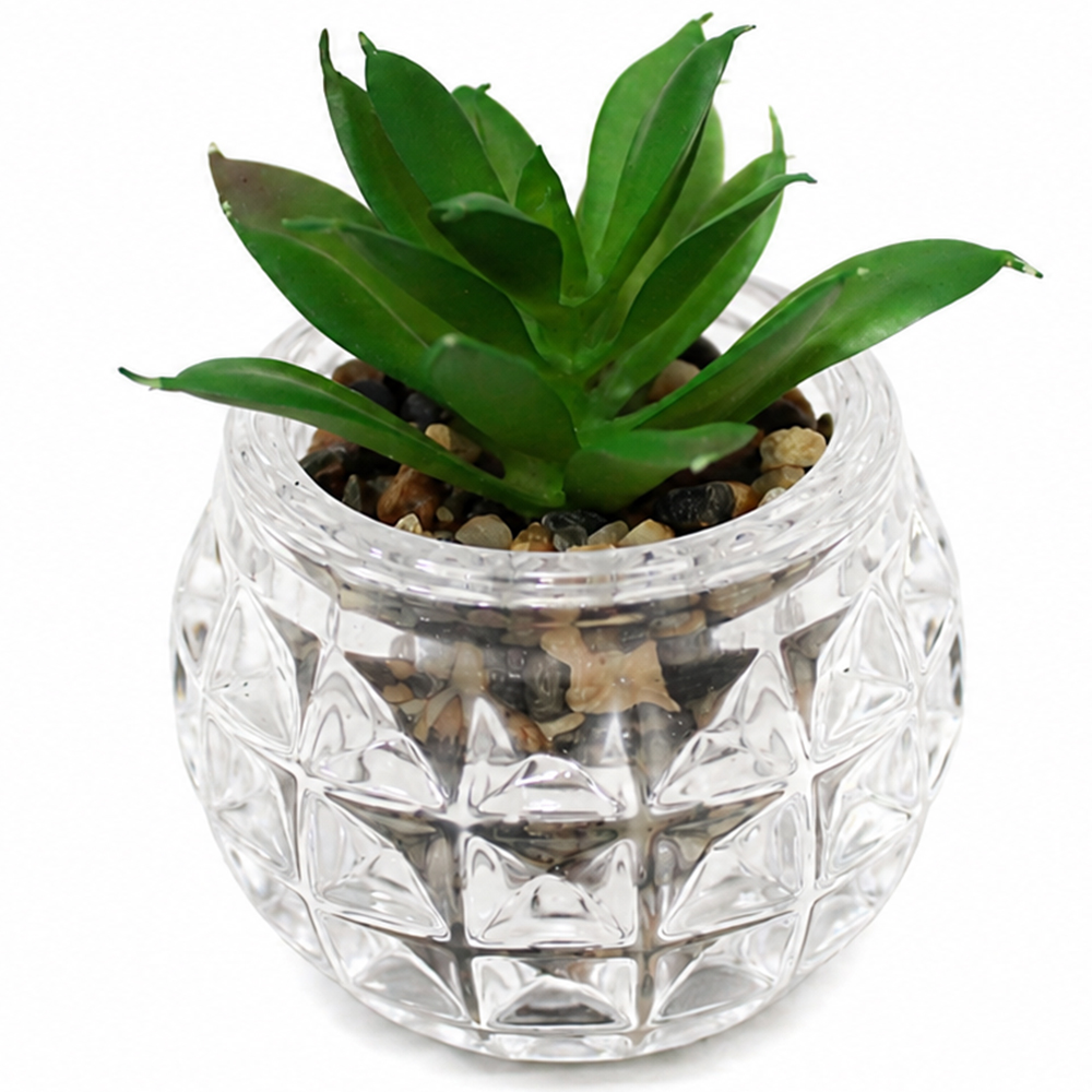 FLOR PERMANENTE SUCULENTA COM VASO DE VIDRO REDONDO 9X7CM DE Ø