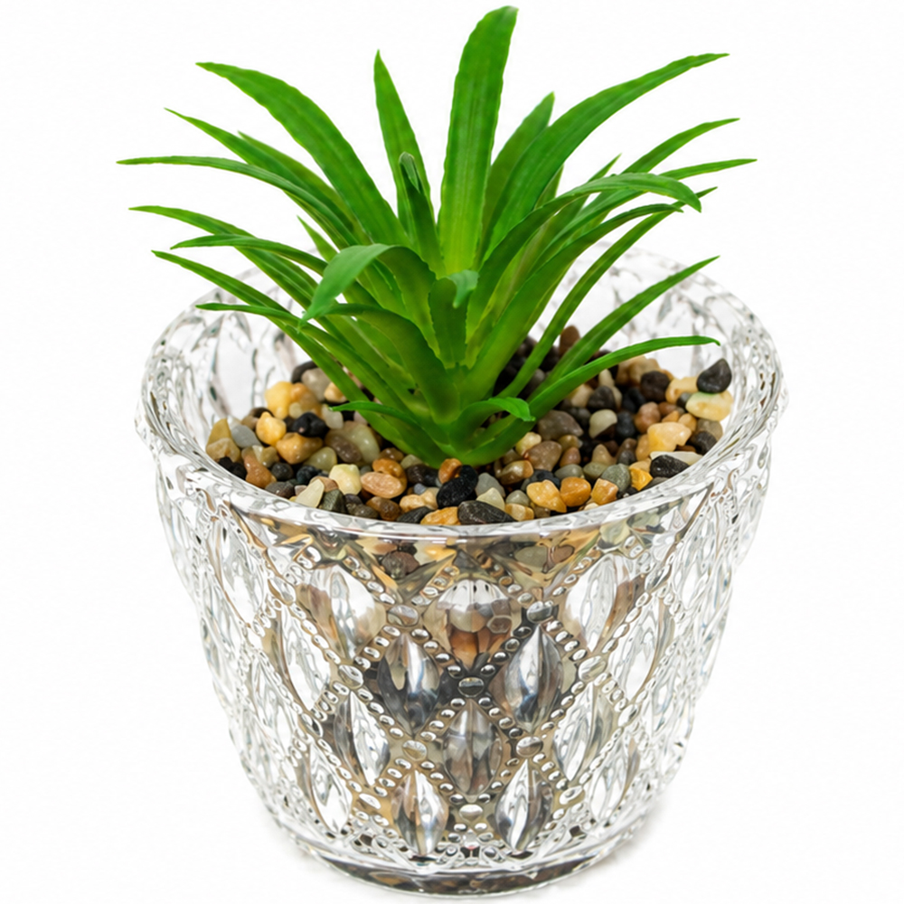 FLOR PERMANENTE SUCULENTA COM VASO DE VIDRO REDONDO 9,5X8CM DE Ø