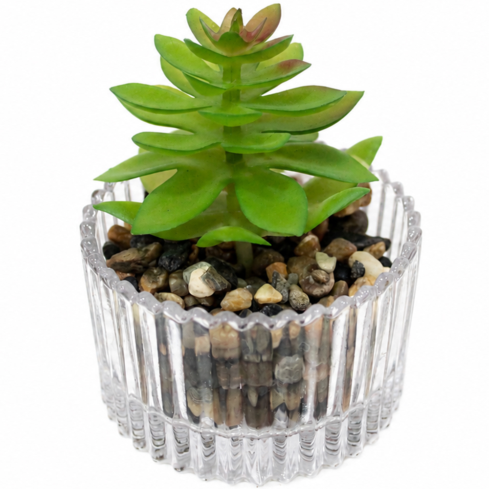 FLOR PERMANENTE SUCULENTA COM VASO DE VIDRO REDONDO 9X6,5CM DE Ø