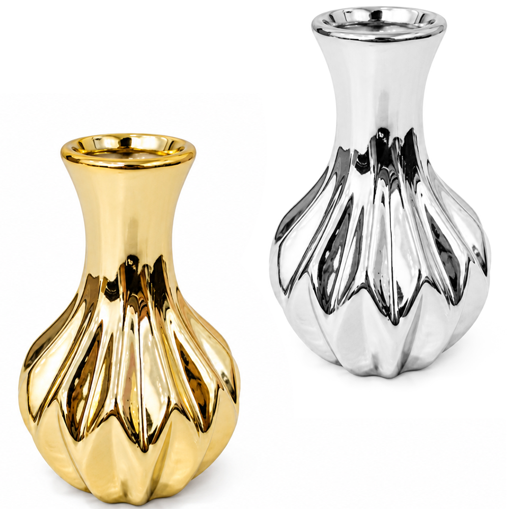 ENFEITE VASO DE PORCELANA METALIZADO DOURADO / PRATA 11,5X7CM DE Ø