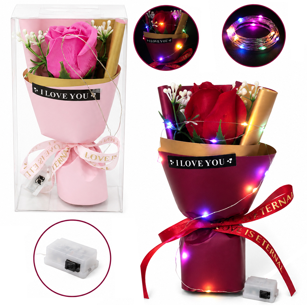 FLOR PERMANENTE BUQUE DE ROSA COM MICRO LED A BATERIA NA CAIXA PVC 17X9X6CM