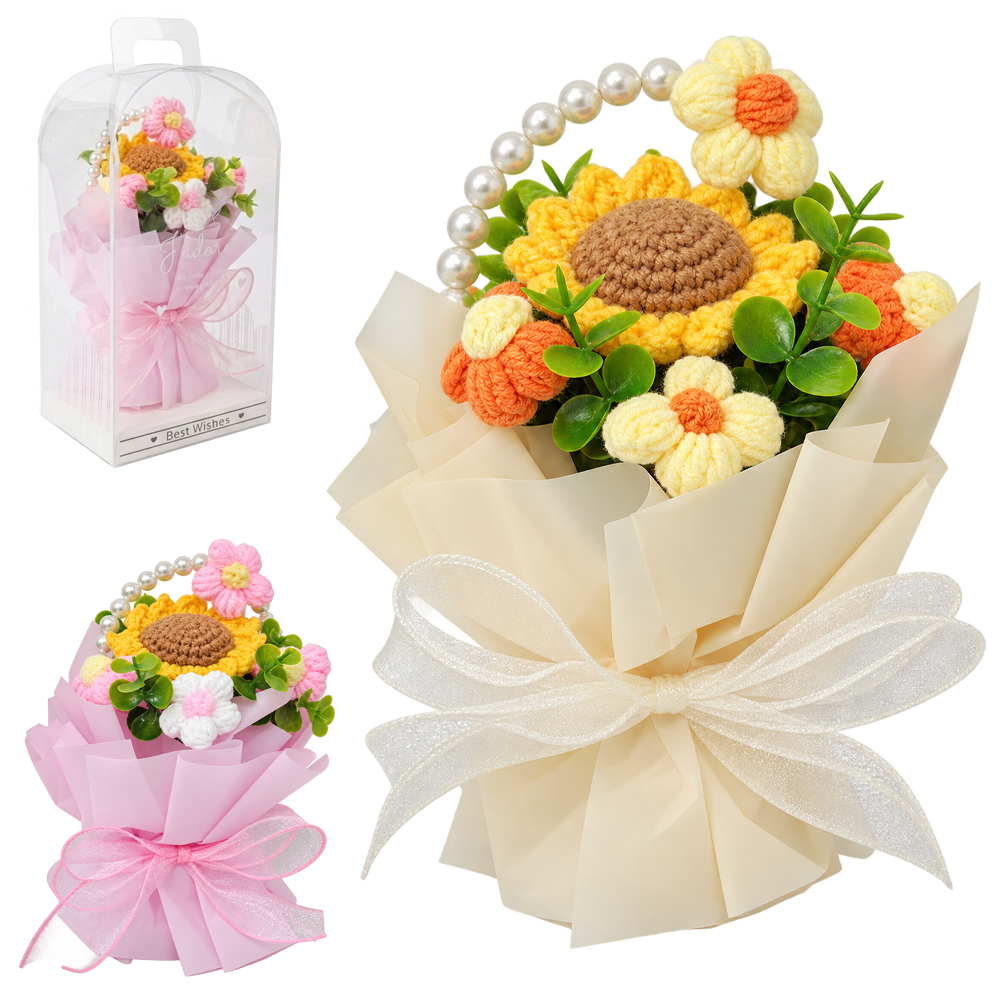 FLOR PERMANENTE BUQUE GIRASSOL DE CROCHE COM VASO REDONDO COM CAIXA DE PVC 25,5X13X10CM