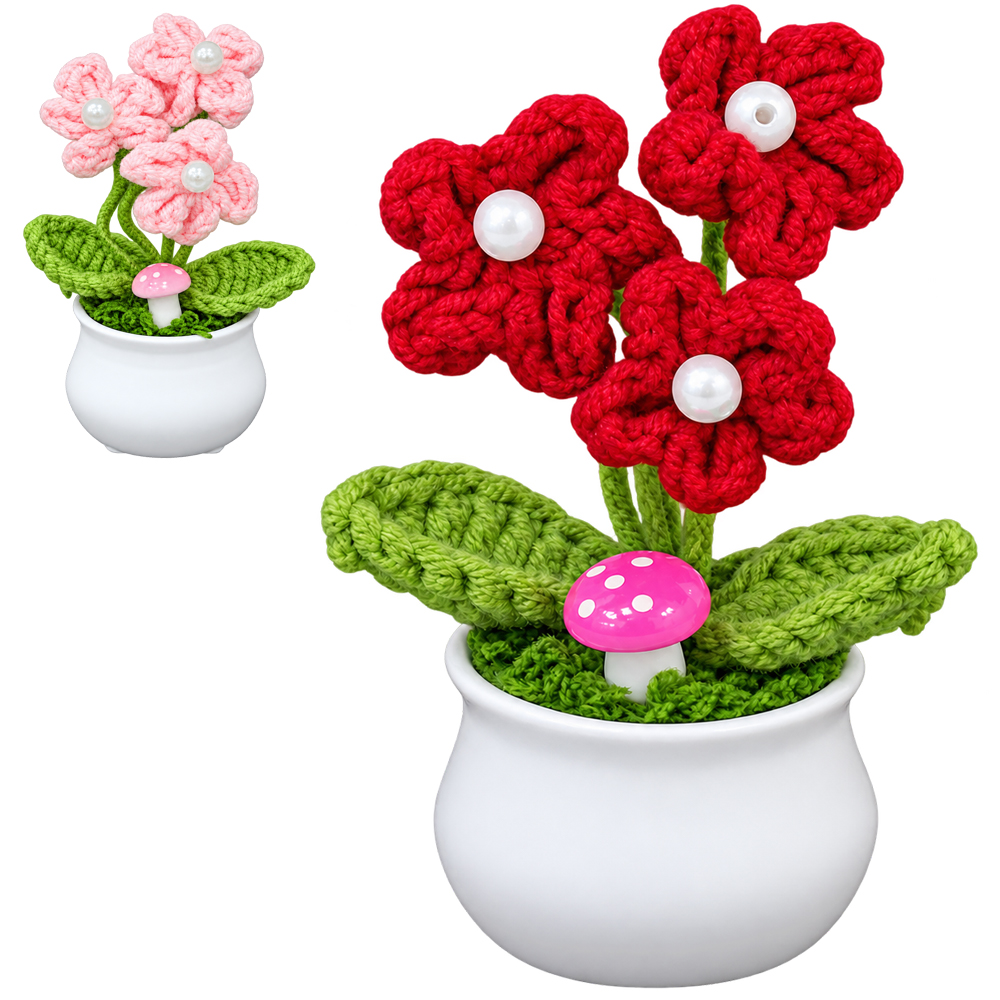 FLOR PERMANENTE DE CROCHE COM VASO DE PLASTICO REDONDO 11,5X5,5CM DE Ø VCF 