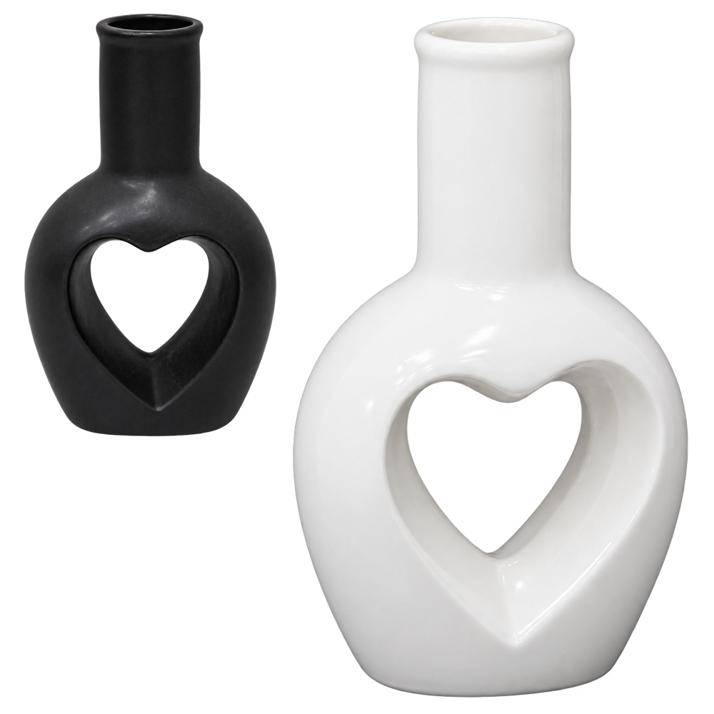 ENFEITE VASO DE PORCELANA CORACAO PRETO / BRANCO 17X9,8X5,5CM