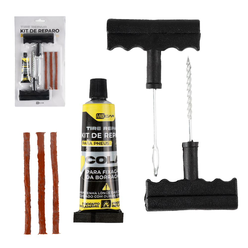 KIT REPARO PARA PNEU DE CARRO E MOTO COM MACARRAO + ESCAREADOR E COLA 6 PECAS