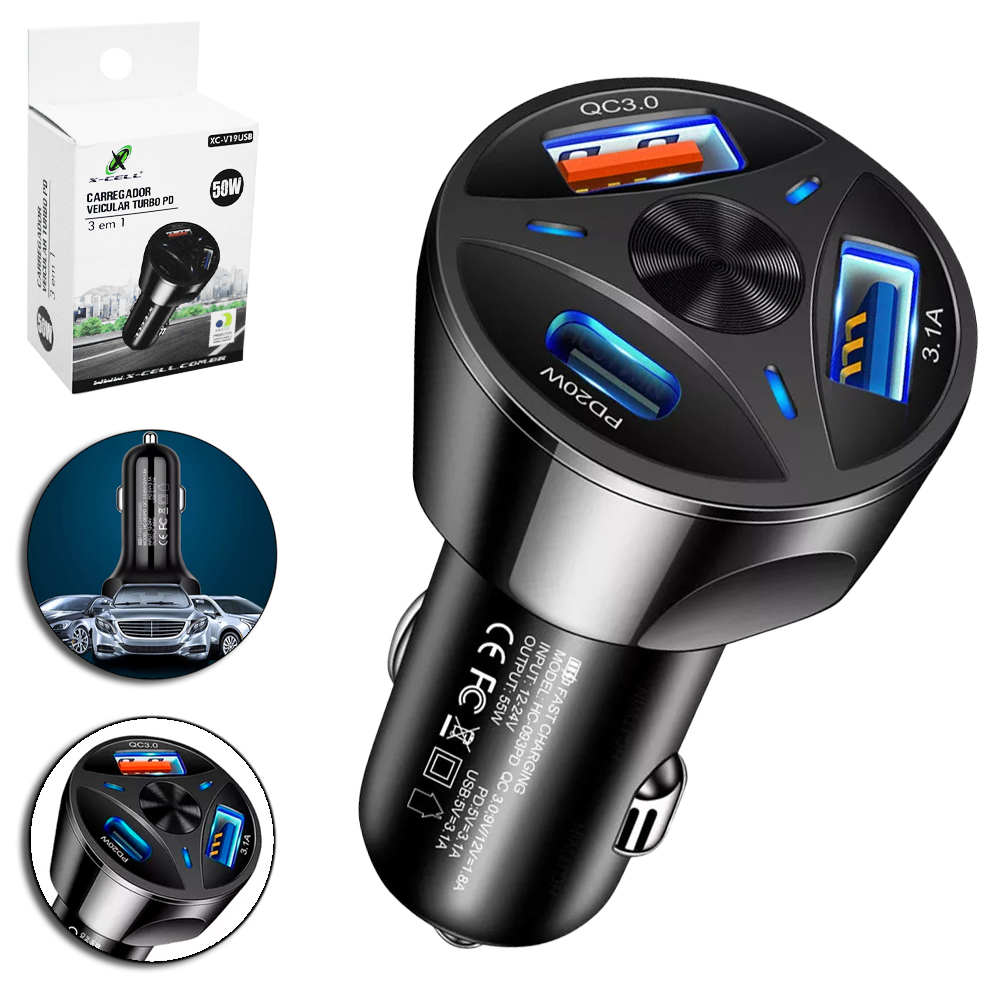 CARREGADOR VEICULAR TURBO PD COM 2 SAIDAS USB E 1 TIPO C X-CELL 