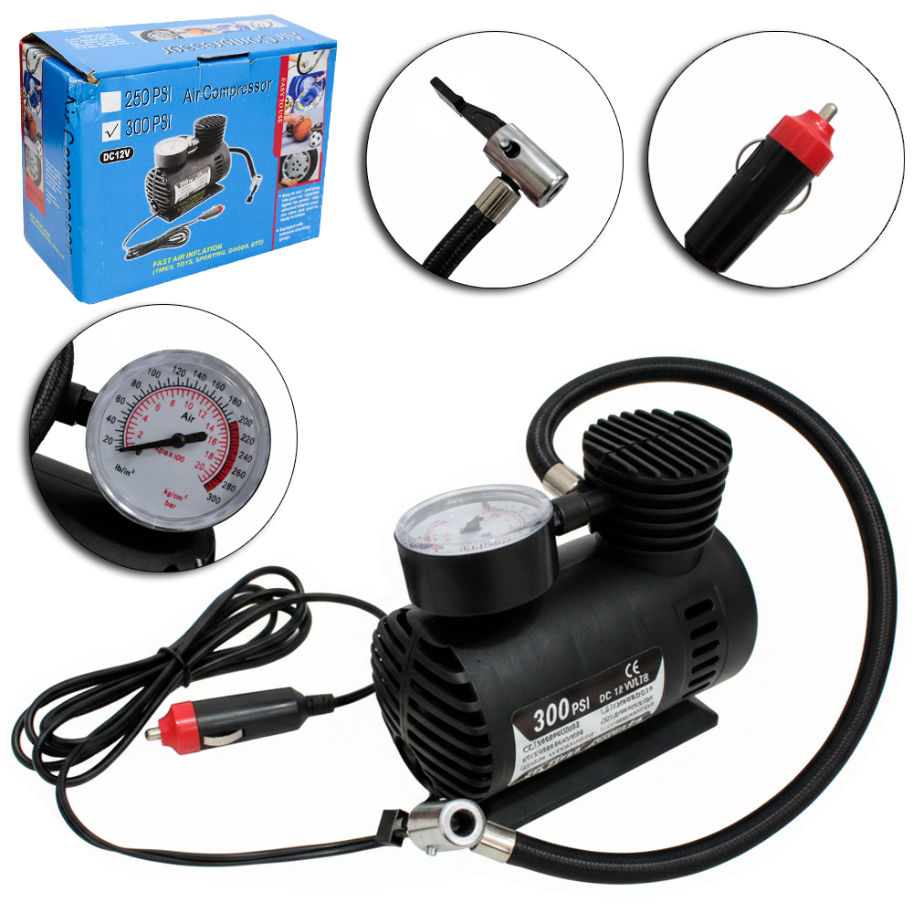 MINI COMPRESSOR DE AR AUTOMOTIVO 12V COM CALIBRADOR + 3 BICOS 300PSI DE PRESSAO
