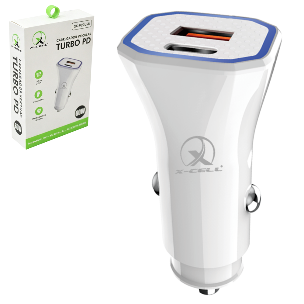 CARREGADOR VEICULAR TURBO PD 60W COM 2 SAIDAS USB E 1 TIPO C X-CELL 