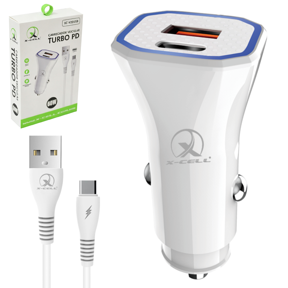 CARREGADOR VEICULAR TURBO PD 60W COM SAIDAS USB E 1 TIPO C + CABO TIPO C 90CM X-CELL 