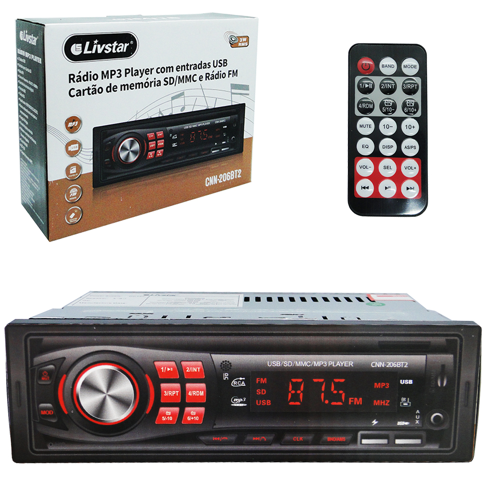 RADIO AUTOMOTIVO 3W COM CONTROLE MP3 FM / USB / SD / AUX