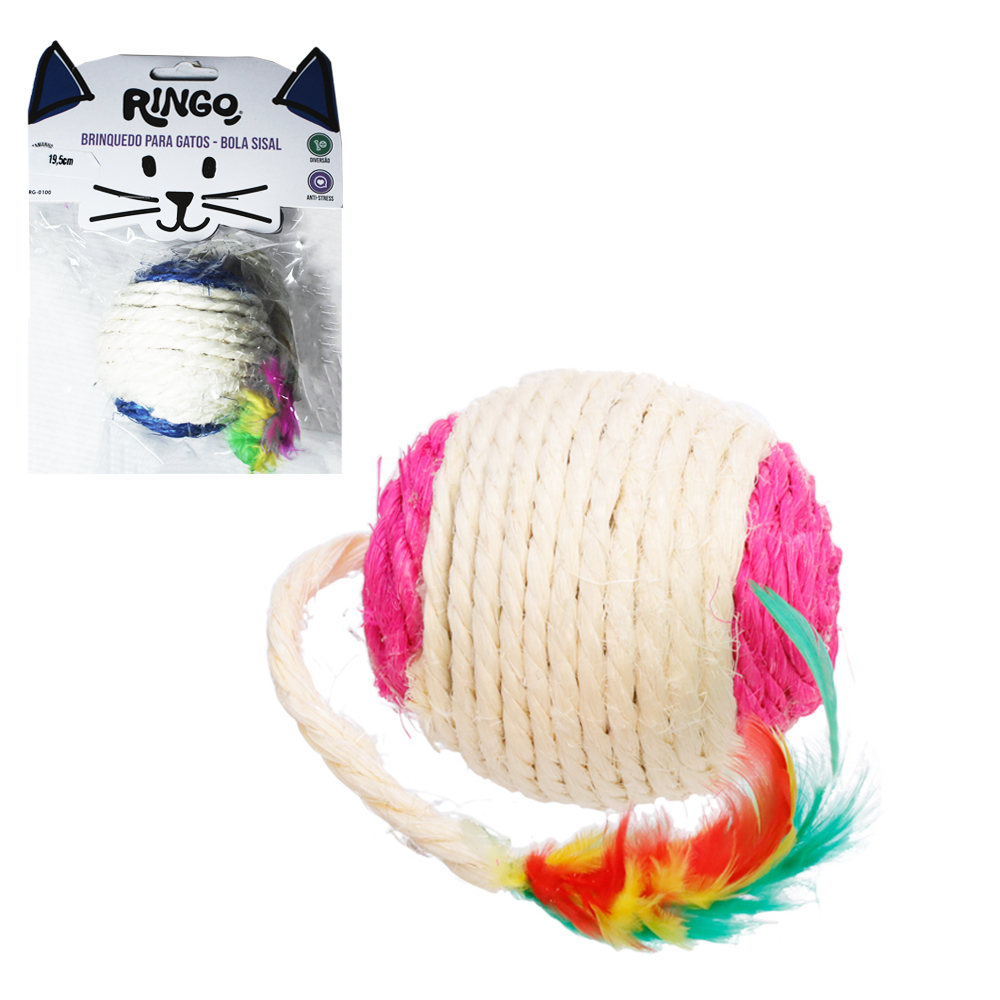 BRINQUEDO PARA GATO BOLA DE SISAL COM PENAS 19,5X6,5CM DE Ø