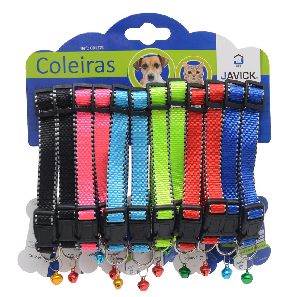 COLEIRA DE POLIESTER PARA CACHORRO COM FECHO E GUIZO COM 12 PECAS 40X1,5CM  