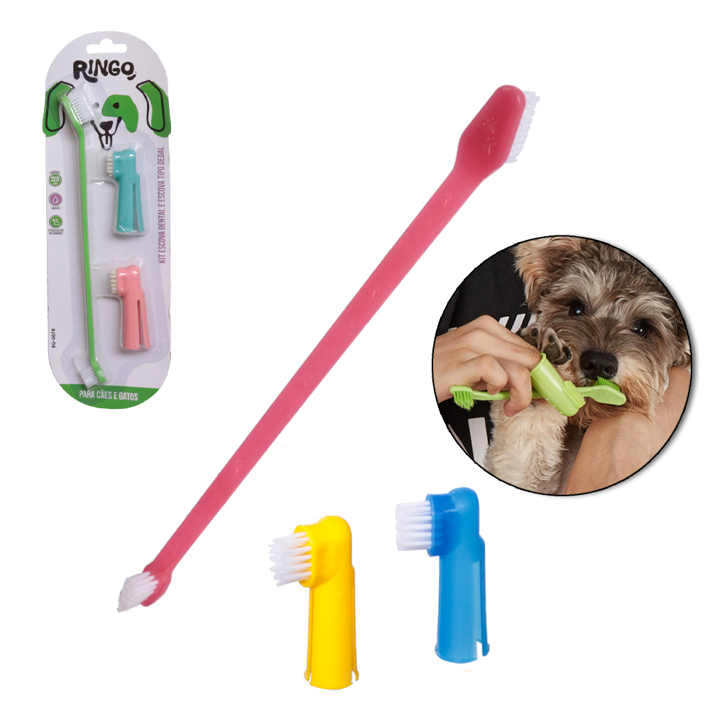 ESCOVA DENTAL DUPLA E TIPO DEDAL PARA CACHORRO E GATO COM 3 PECAS