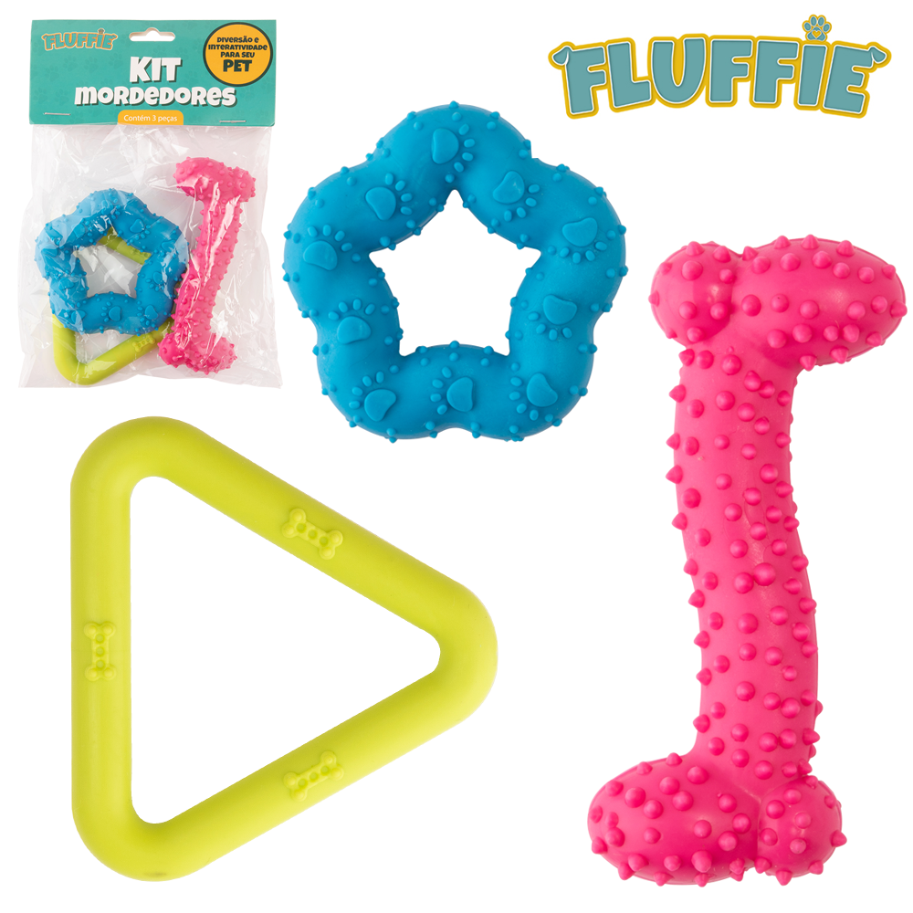BRINQUEDO MORDEDOR PARA CACHORRO ESTRELA / OSSO / TRIANGULO DE BORRACHA MACICO FLUFFIE