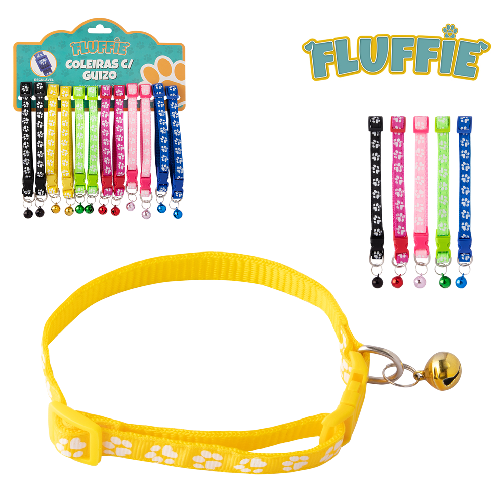 COLEIRA DE POLIESTER PARA CACHORRO COM FECHO E GUIZO FLUFFIE COM 12 PECAS 34X1CM