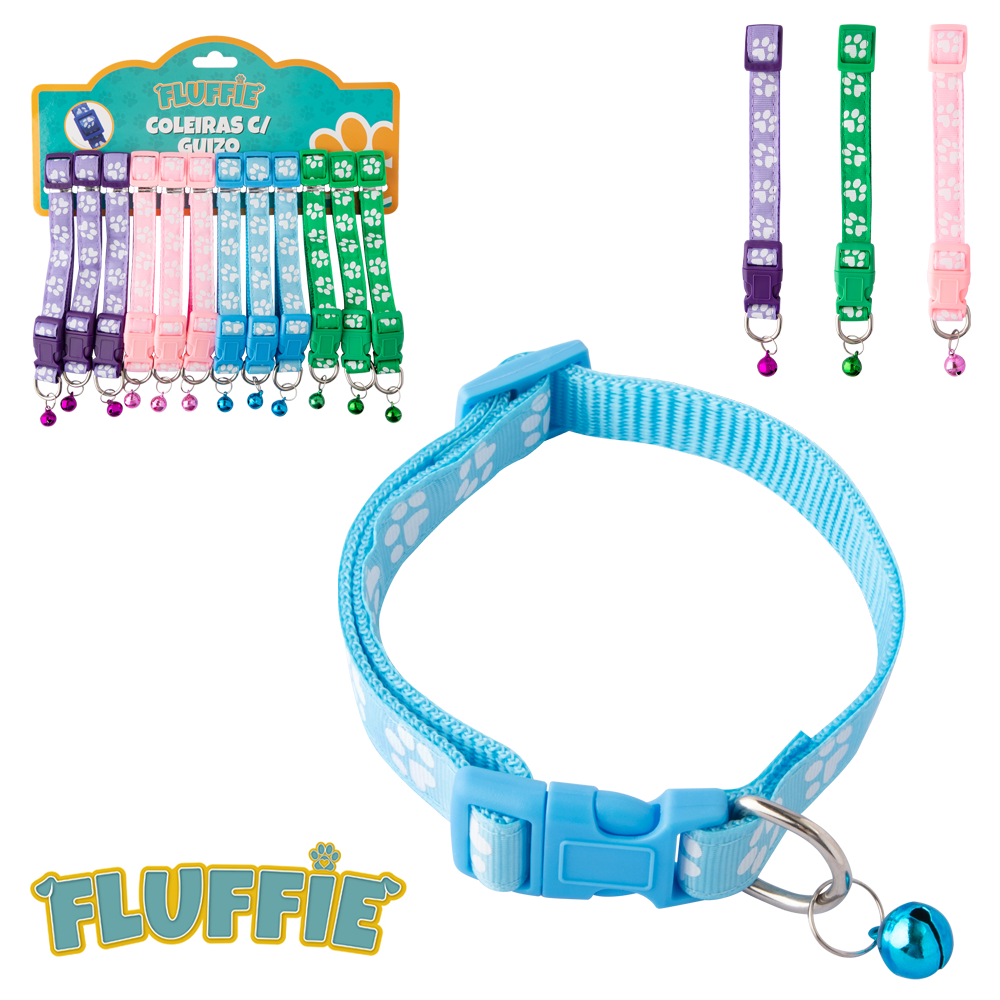 COLEIRA DE POLIESTER PARA CACHORRO COM FECHO E GUIZO FLUFFIE COM 12 PECAS 43X1,5CM