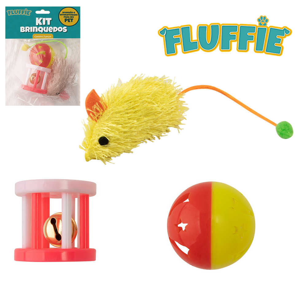 BRINQUEDO PARA GATO RATO + BOLA E JAULA DE PLASTICO COM GUIZO FLUFFIE