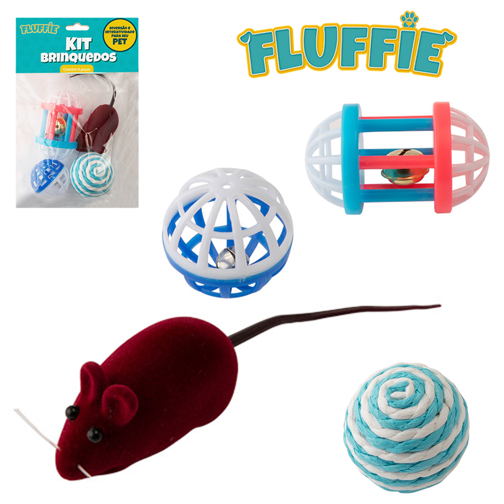 BRINQUEDO PARA GATO RATO DE VELUDO COM SOM + 2 BOLAS E JAULA COM GUIZO FLUFFIE