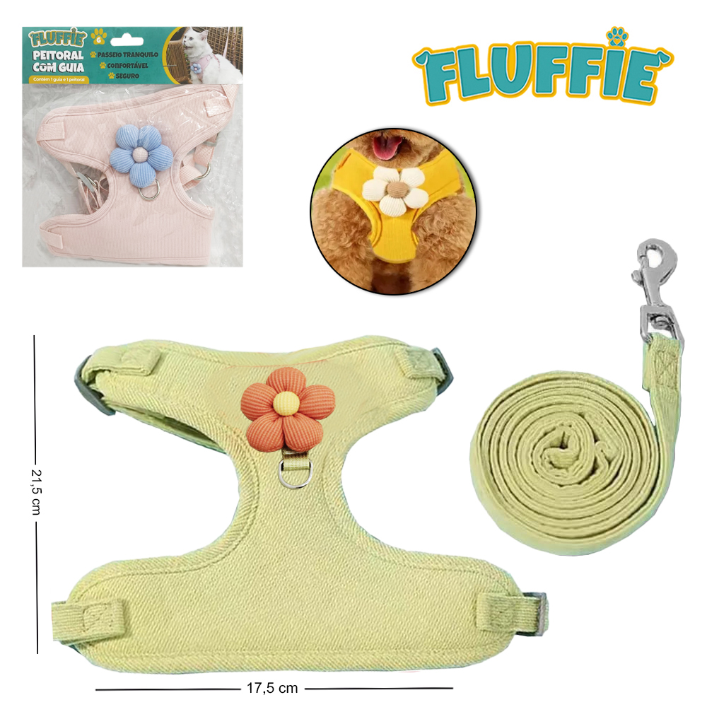 GUIA 160X1,5CM COM COLEIRA PEITORAL PARA CACHORRO 21,5X17,5CM