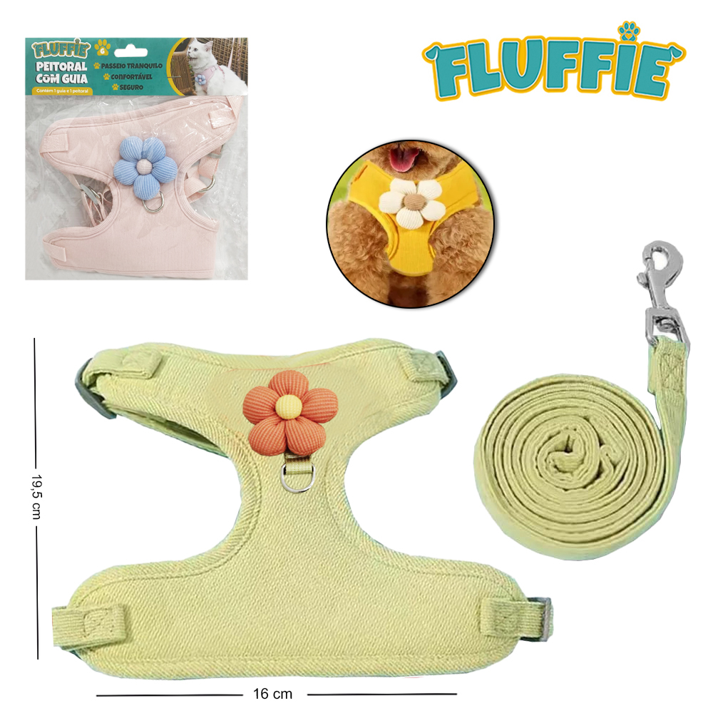 GUIA 160X1,5CM COM COLEIRA PEITORAL PARA CACHORRO 19,5X16CM