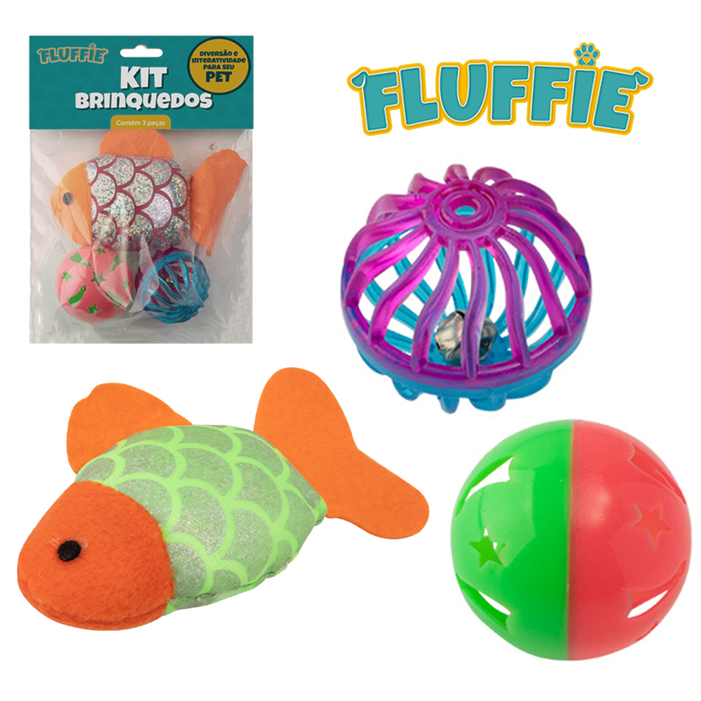 BRINQUEDO PARA GATO PEIXE + 2 BOLAS DE PLASTICO COM GUIZO FLUFFIE