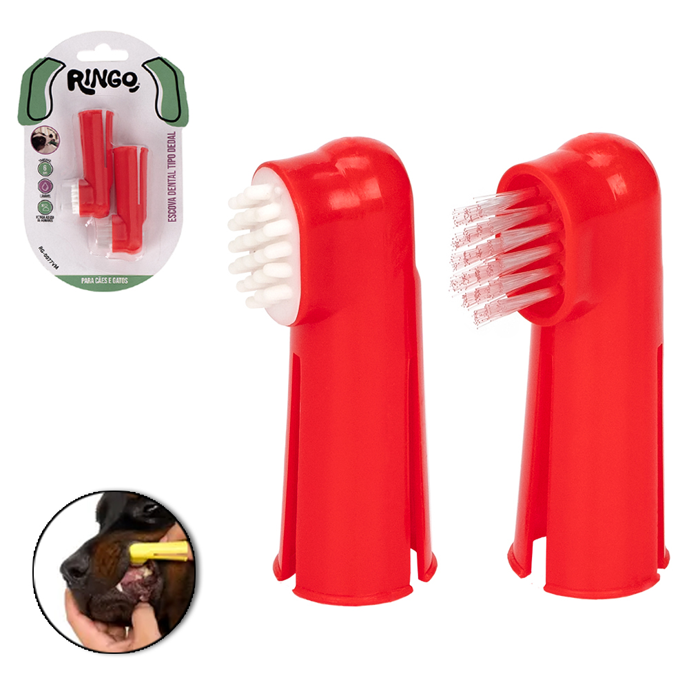 ESCOVA DENTAL TIPO DEDAL PARA CACHORRO E GATO VERMELHO COM 2 PECAS 6X2,5X2CM