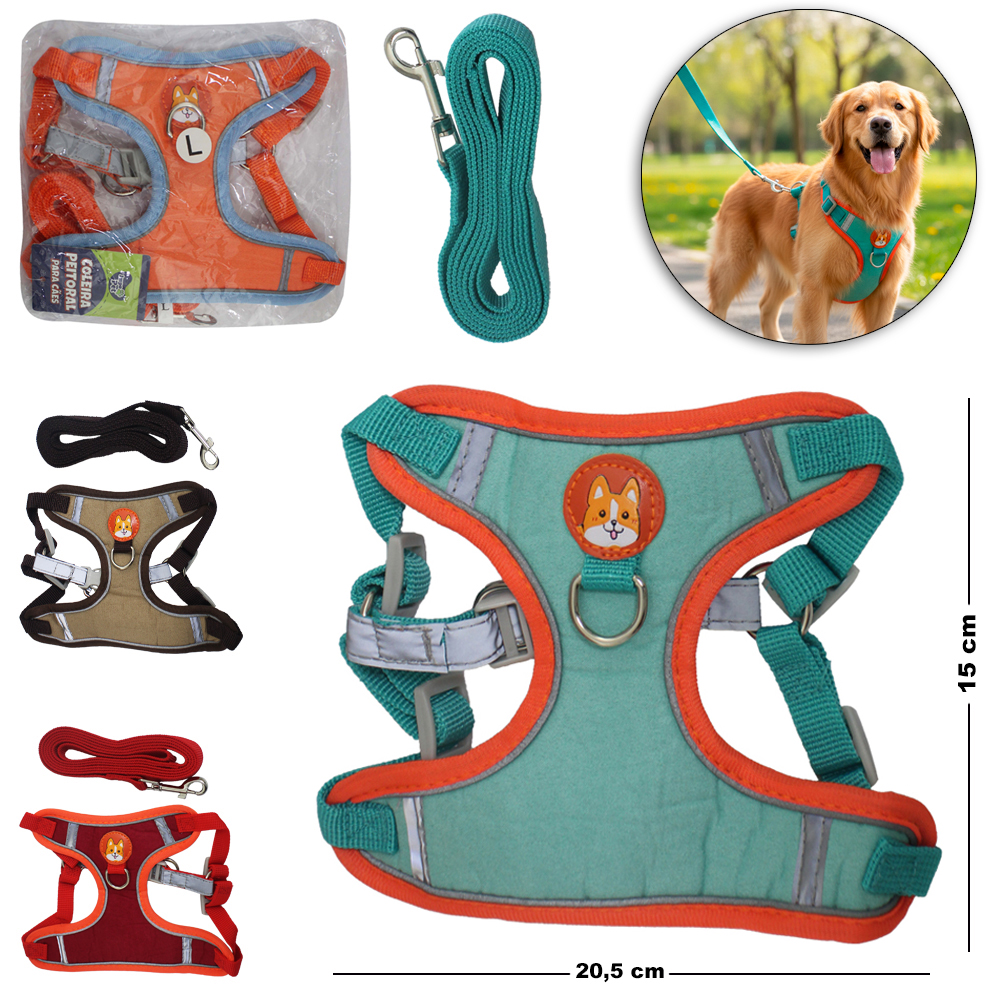GUIA 150X1,5CM COM COLEIRA PEITORAL PARA CACHORRO GRANDE 20,5X15CM IMPO PET