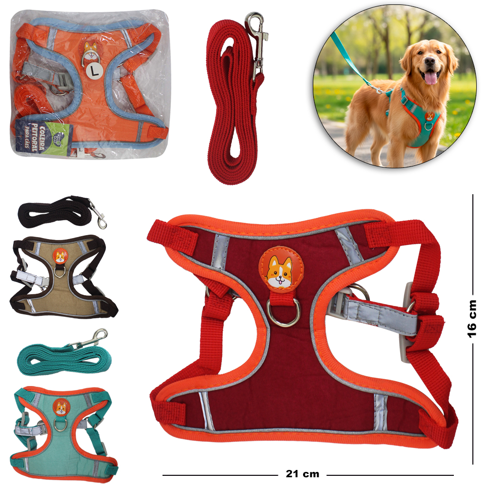 GUIA 150X1,5CM COM COLEIRA PEITORAL PARA CACHORRO GG 21X16,5CM IMPO PET